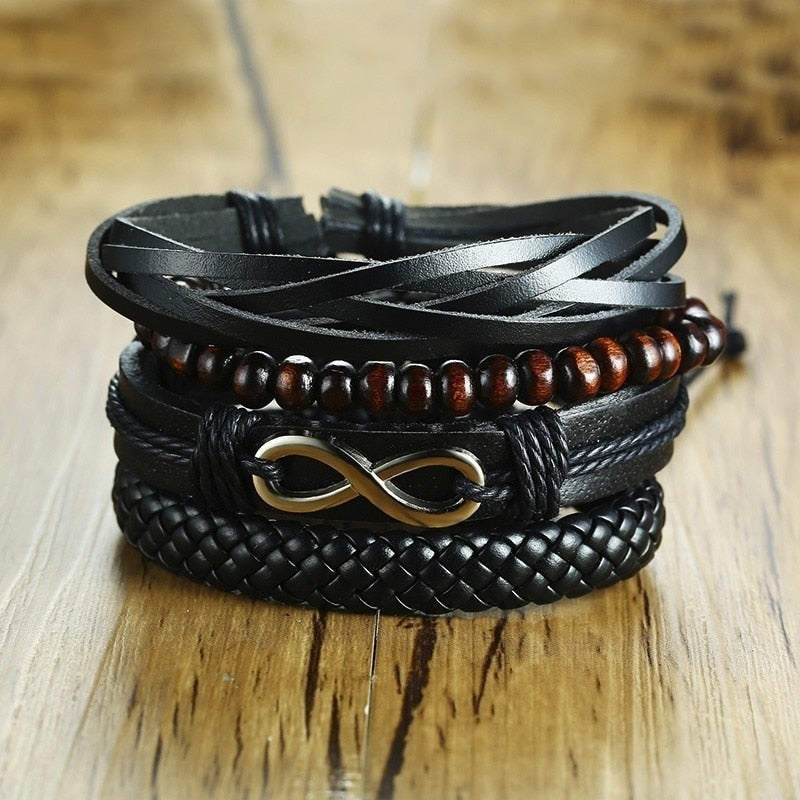 Black Leather Cord Bracelet for Men - Adjustable Cuff Bracelet for Men Gold