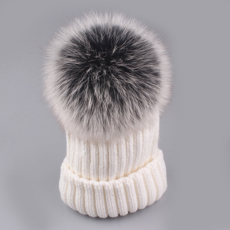 White Snowflake Sparkle Beanie with White Fox Fur Pom-Pom | Day Furs