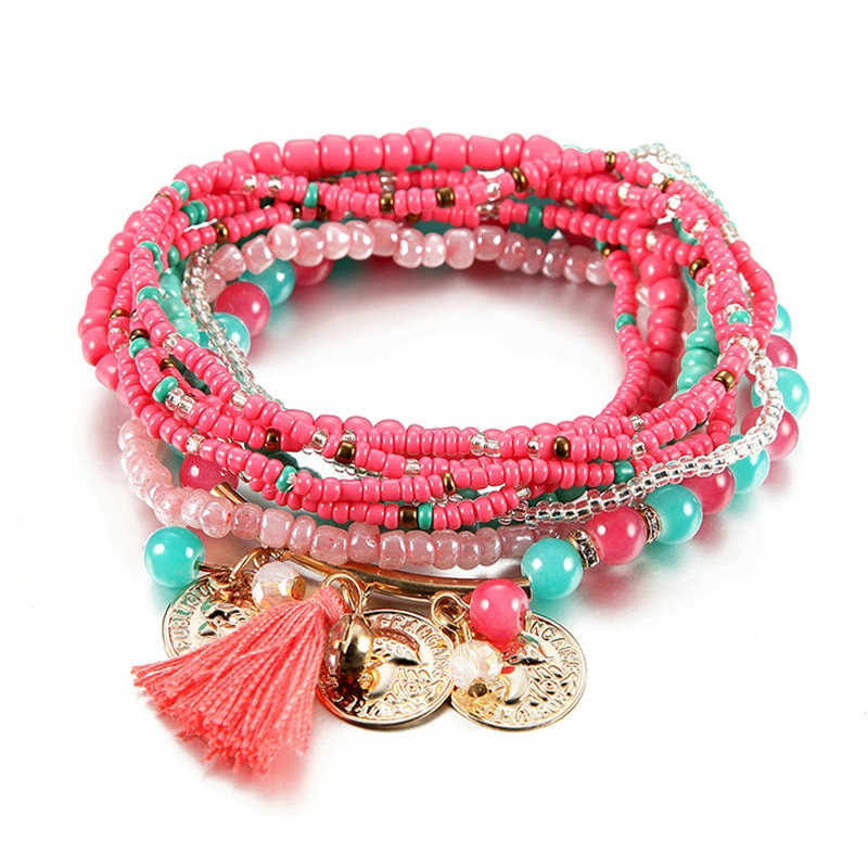Bohemian Multilayer Seed Beaded Wrap Necklace Pink/Black Fashion