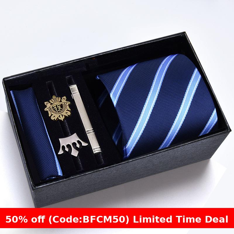 burly men Christmas gifts idea for friend/family Cyber Monday 2024 Gift Box Men's Tie Six Pieces Suit 8cm Formal Wear Business Tie Brooch Square Scarf Tie Clip Suit