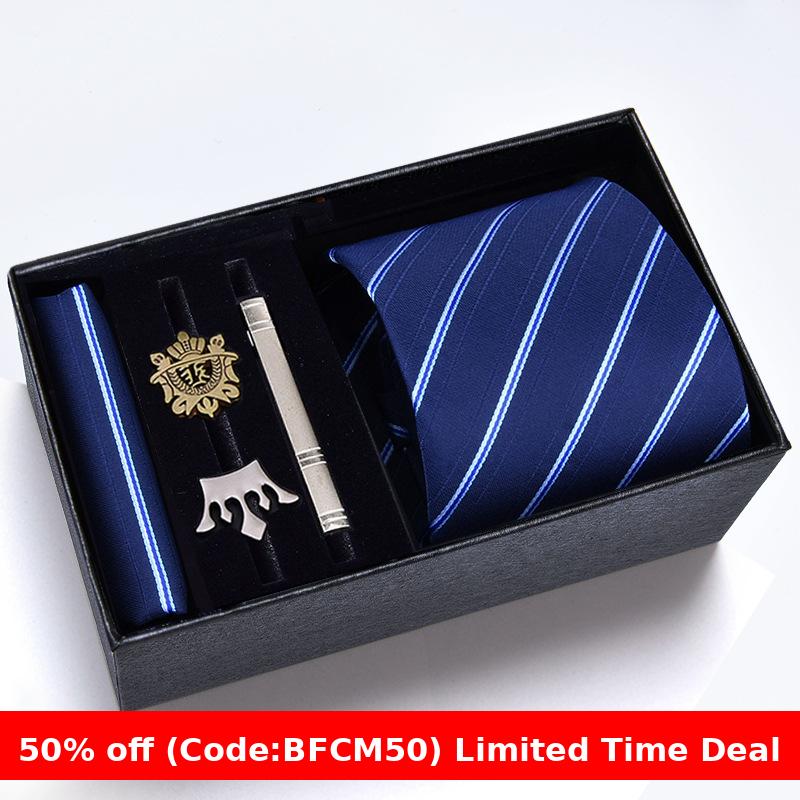 burly men Christmas gifts idea for friend/family Cyber Monday 2024 Gift Box Men's Tie Six Pieces Suit 8cm Formal Wear Business Tie Brooch Square Scarf Tie Clip Suit