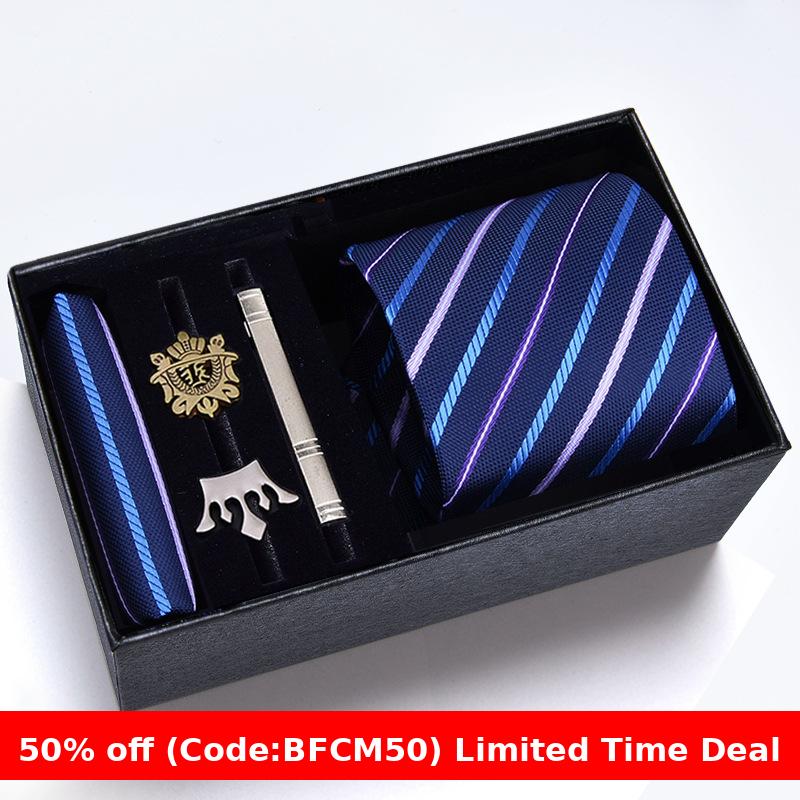 burly men Christmas gifts idea for friend/family Cyber Monday 2024 Gift Box Men's Tie Six Pieces Suit 8cm Formal Wear Business Tie Brooch Square Scarf Tie Clip Suit