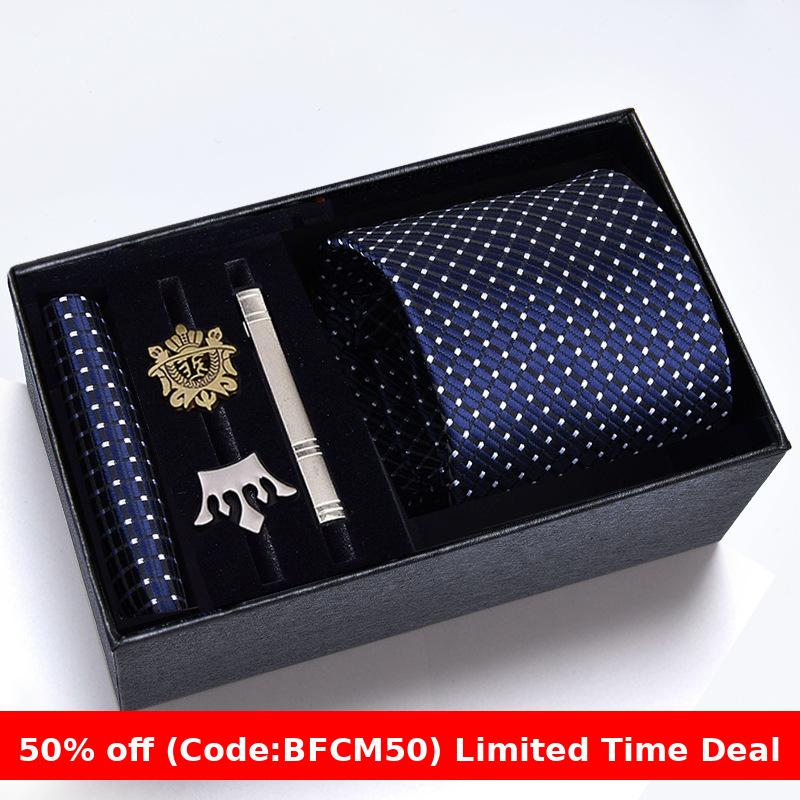 burly men Christmas gifts idea for friend/family Cyber Monday 2024 Gift Box Men's Tie Six Pieces Suit 8cm Formal Wear Business Tie Brooch Square Scarf Tie Clip Suit