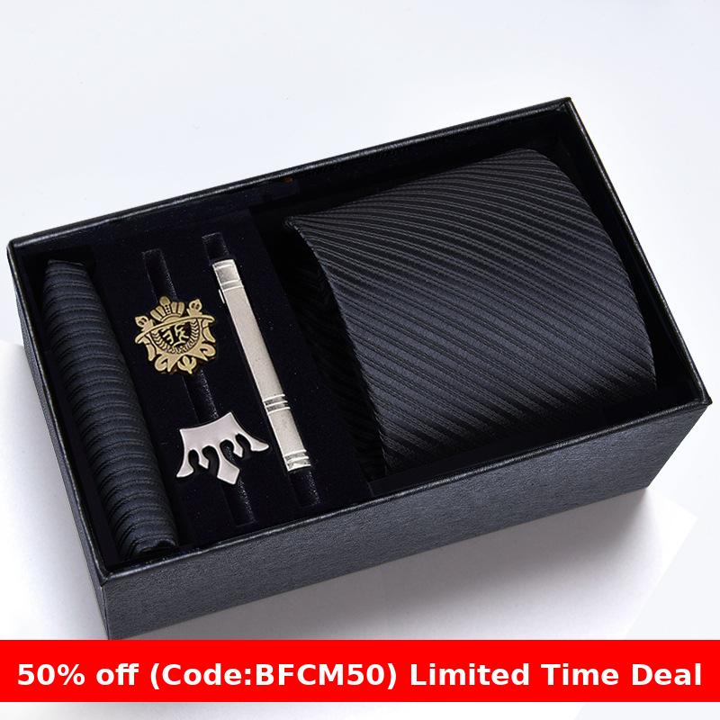 burly men Christmas gifts idea for friend/family Cyber Monday 2024 Gift Box Men's Tie Six Pieces Suit 8cm Formal Wear Business Tie Brooch Square Scarf Tie Clip Suit