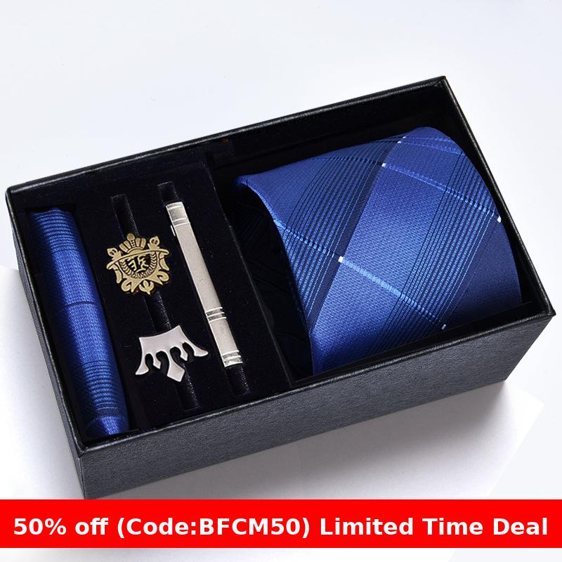 burly men Christmas gifts idea for friend/family Cyber Monday 2024 Gift Box Men's Tie Six Pieces Suit 8cm Formal Wear Business Tie Brooch Square Scarf Tie Clip Suit