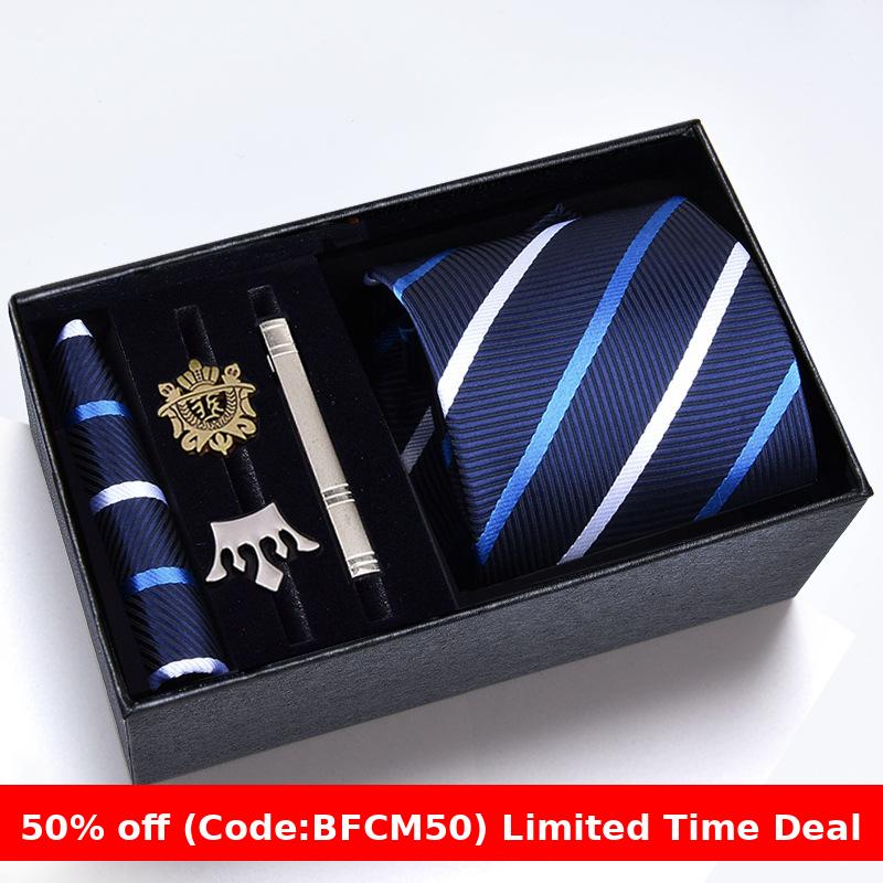 burly men Christmas gifts idea for friend/family Cyber Monday 2024 Gift Box Men's Tie Six Pieces Suit 8cm Formal Wear Business Tie Brooch Square Scarf Tie Clip Suit