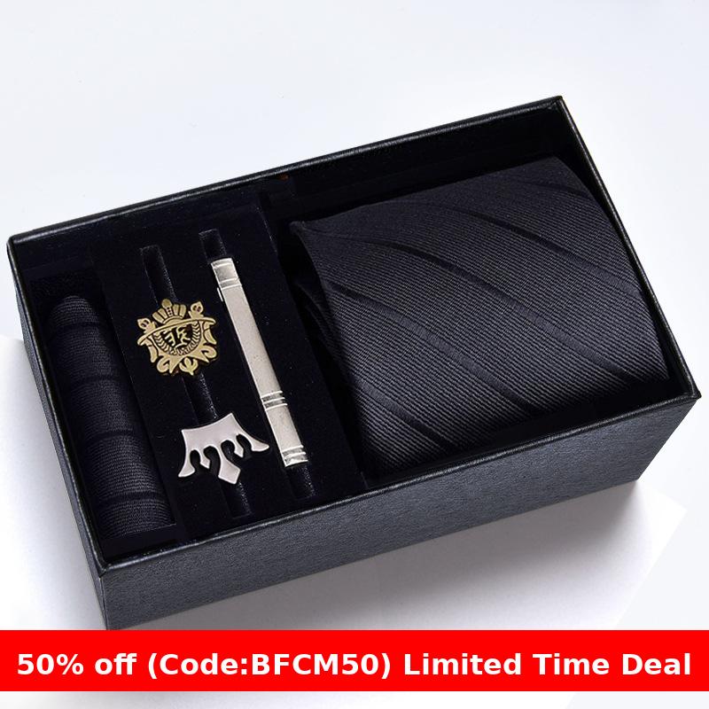 burly men Christmas gifts idea for friend/family Cyber Monday 2024 Gift Box Men's Tie Six Pieces Suit 8cm Formal Wear Business Tie Brooch Square Scarf Tie Clip Suit