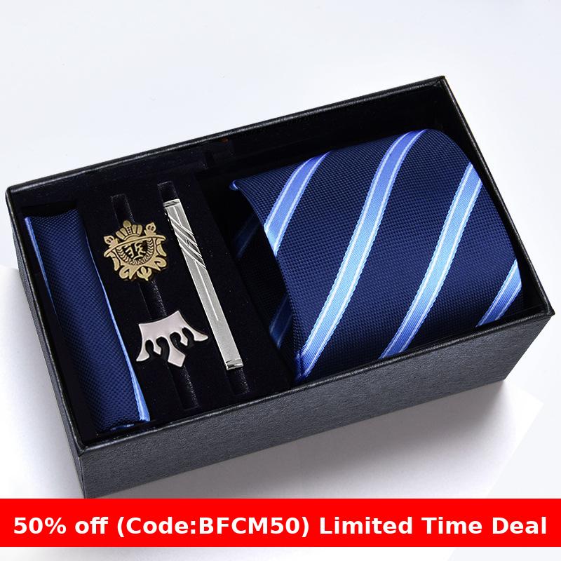 burly men Christmas gifts idea for friend/family Cyber Monday 2024 Gift Box Men's Tie Six Pieces Suit 8cm Formal Wear Business Tie Brooch Square Scarf Tie Clip Suit