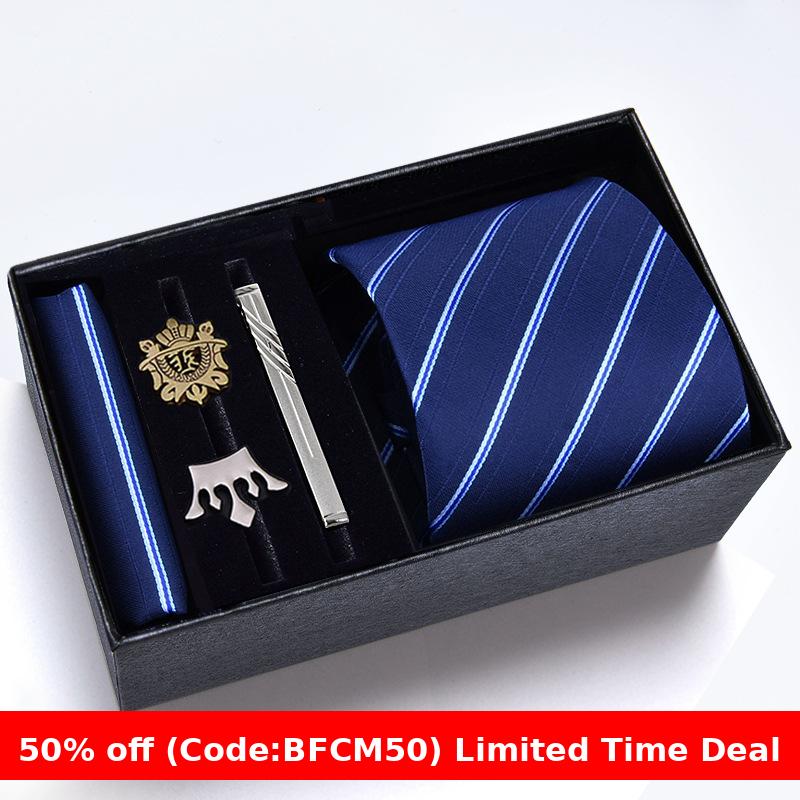 burly men Christmas gifts idea for friend/family Cyber Monday 2024 Gift Box Men's Tie Six Pieces Suit 8cm Formal Wear Business Tie Brooch Square Scarf Tie Clip Suit