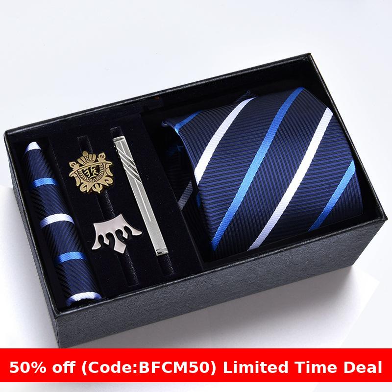 burly men Christmas gifts idea for friend/family Cyber Monday 2024 Gift Box Men's Tie Six Pieces Suit 8cm Formal Wear Business Tie Brooch Square Scarf Tie Clip Suit