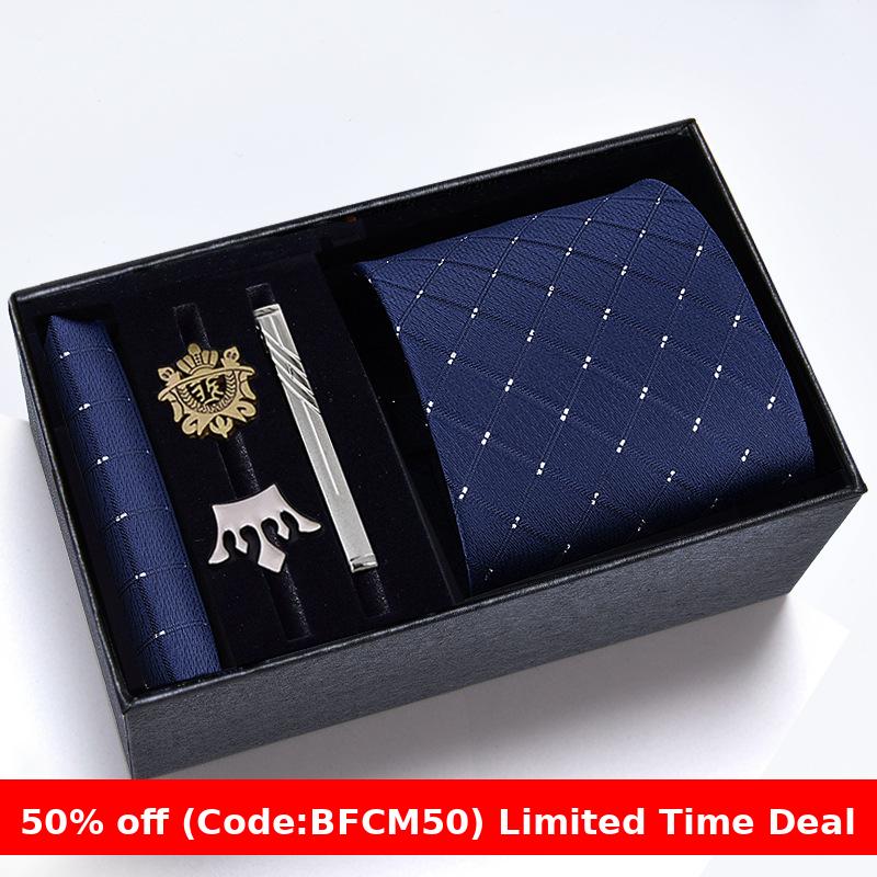 burly men Christmas gifts idea for friend/family Cyber Monday 2024 Gift Box Men's Tie Six Pieces Suit 8cm Formal Wear Business Tie Brooch Square Scarf Tie Clip Suit