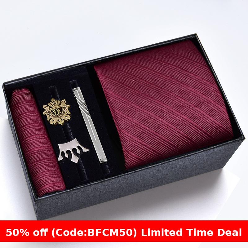 burly men Christmas gifts idea for friend/family Cyber Monday 2024 Gift Box Men's Tie Six Pieces Suit 8cm Formal Wear Business Tie Brooch Square Scarf Tie Clip Suit