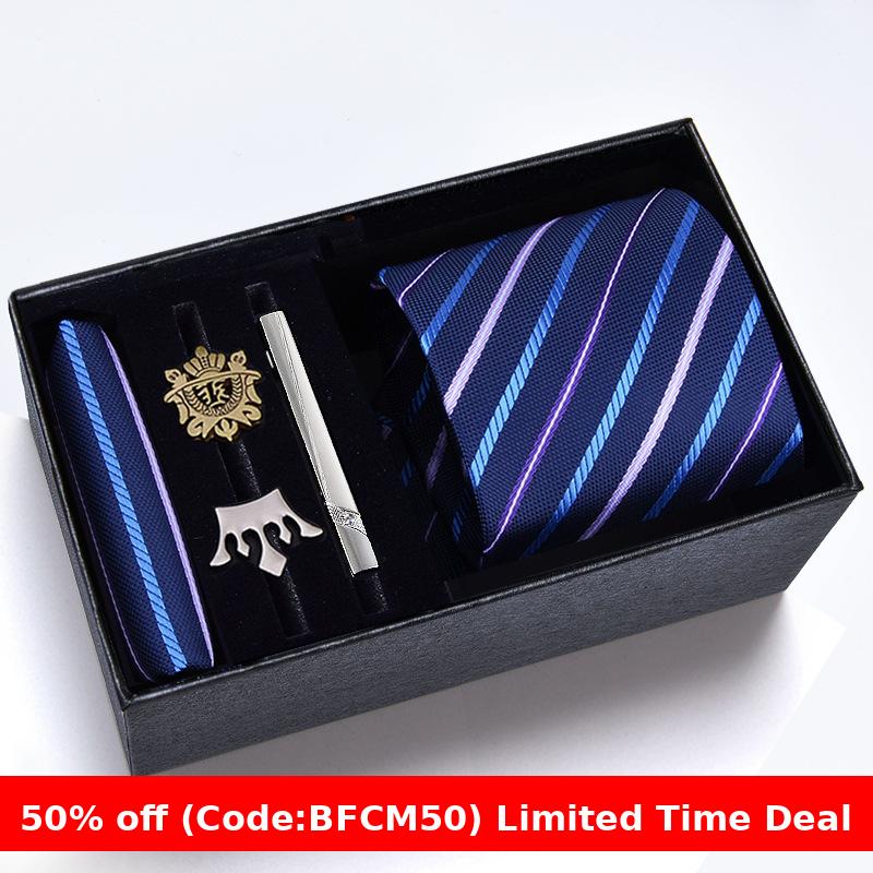 burly men Christmas gifts idea for friend/family Cyber Monday 2024 Gift Box Men's Tie Six Pieces Suit 8cm Formal Wear Business Tie Brooch Square Scarf Tie Clip Suit