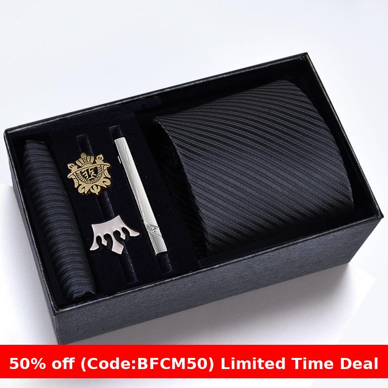 burly men Christmas gifts idea for friend/family Cyber Monday 2024 Gift Box Men's Tie Six Pieces Suit 8cm Formal Wear Business Tie Brooch Square Scarf Tie Clip Suit