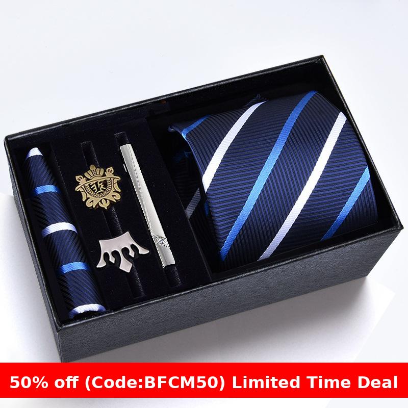 burly men Christmas gifts idea for friend/family Cyber Monday 2024 Gift Box Men's Tie Six Pieces Suit 8cm Formal Wear Business Tie Brooch Square Scarf Tie Clip Suit