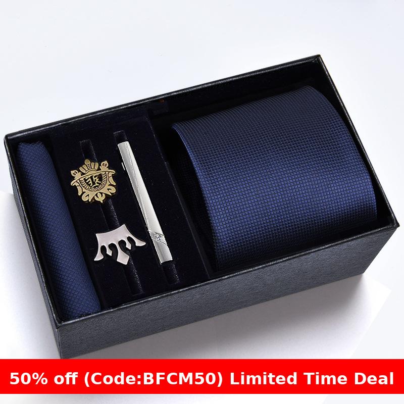 burly men Christmas gifts idea for friend/family Cyber Monday 2024 Gift Box Men's Tie Six Pieces Suit 8cm Formal Wear Business Tie Brooch Square Scarf Tie Clip Suit