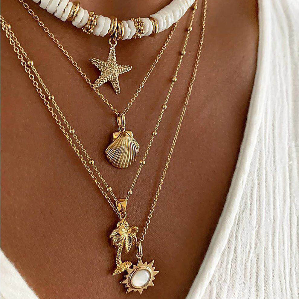 boho Jewelry Soft Pottery Starfish Shell Pendant Necklace Vintage Sun Multi-Layer Necklace