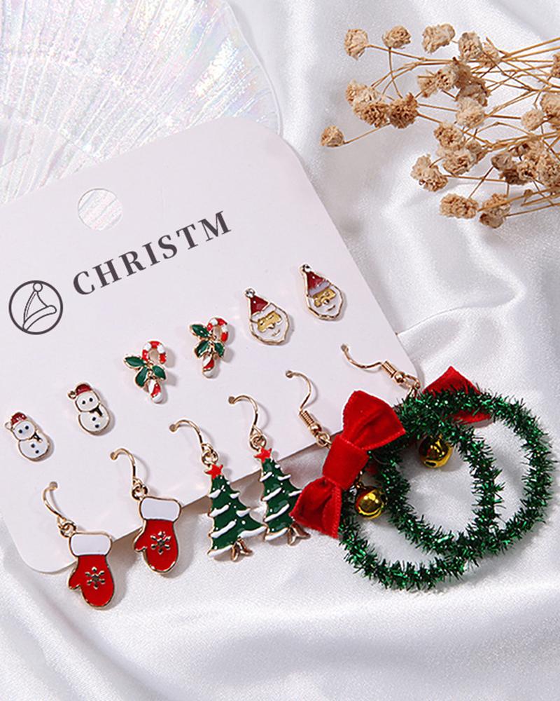 Aveuri-Black Friday Cyber ??Monday Christmas gifts6Pairs Christmas Tree Santa Snowman Candy Cane Gloves Drop Hoop Earrings Set