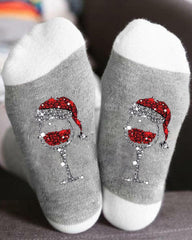 Aveuri-Black Friday Cyber ??Monday Christmas gifts1Pair Christmas Wine Glass Print Colorblock Crew Socks