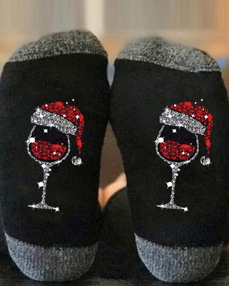 Aveuri-Black Friday Cyber ??Monday Christmas gifts1Pair Christmas Wine Glass Print Colorblock Crew Socks