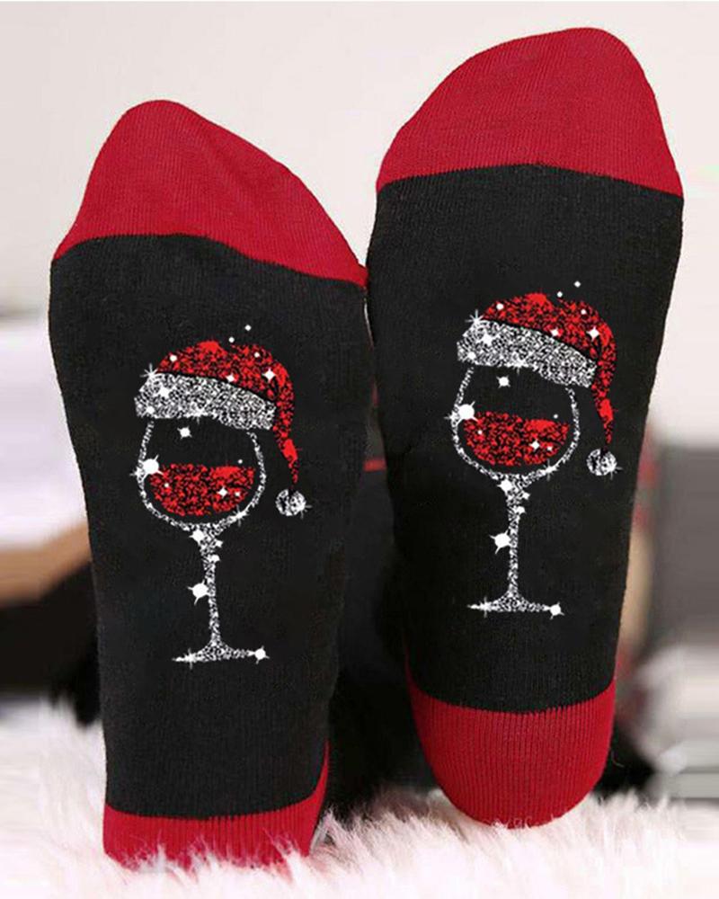 Aveuri-Black Friday Cyber ??Monday Christmas gifts1Pair Christmas Wine Glass Print Colorblock Crew Socks