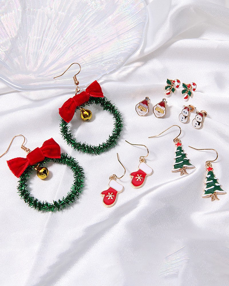 Aveuri-Black Friday Cyber ??Monday Christmas gifts6Pairs Christmas Tree Santa Snowman Candy Cane Gloves Drop Hoop Earrings Set