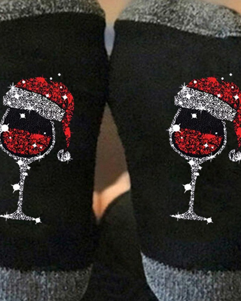 Aveuri-Black Friday Cyber ??Monday Christmas gifts1Pair Christmas Wine Glass Print Colorblock Crew Socks