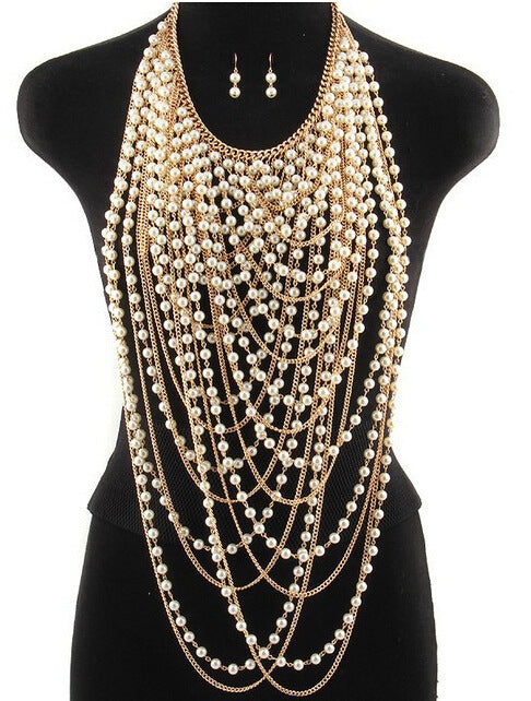 1980s fashion trends Christmas outfits Christmas gifts idea Body Chain Beaded Chain Women Vest Gold Silver Bib Necklace Earrings Accessories