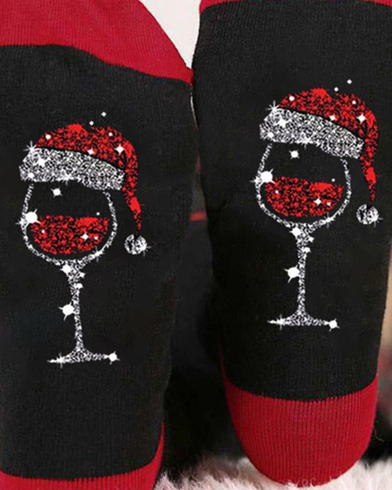 Aveuri-Black Friday Cyber ??Monday Christmas gifts1Pair Christmas Wine Glass Print Colorblock Crew Socks