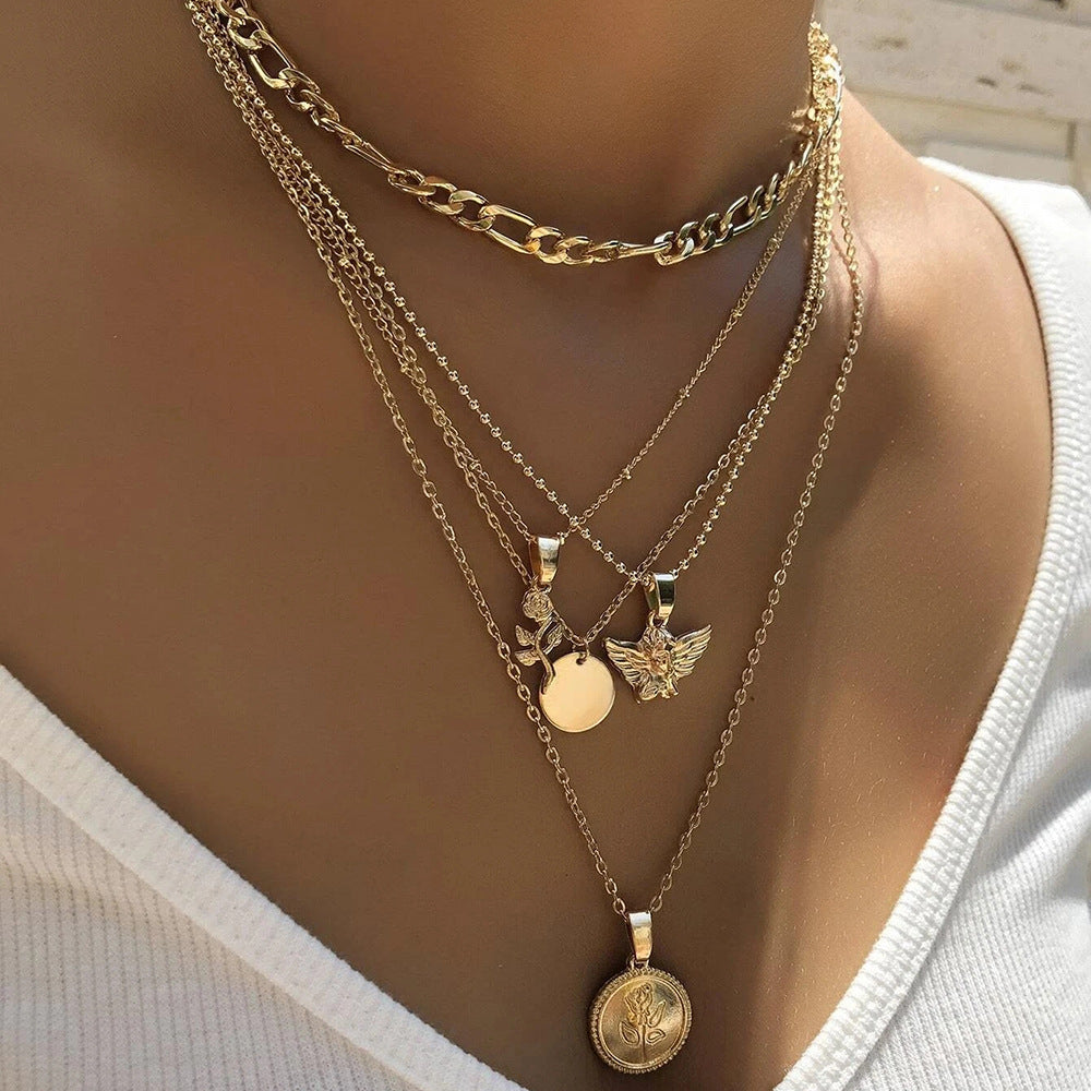 cuban link necklace Rose Angel Multi-Layer Pendant Necklace Jewelry Women's Retro High-Grade Personalized Clavicle Chain Accessories