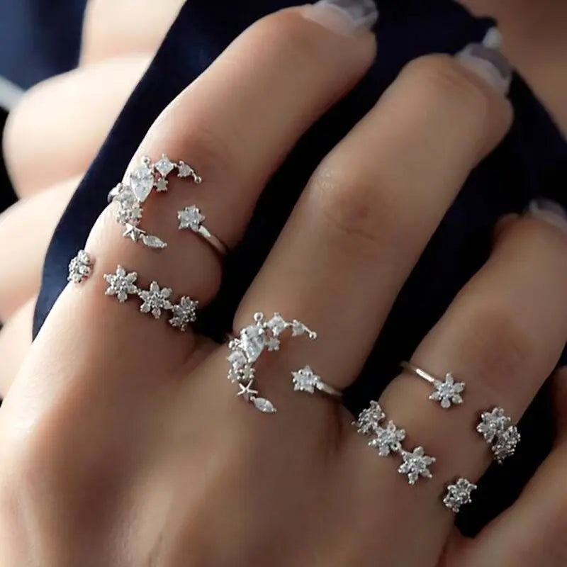 Aveuri-Christmas Gift New Year's Eve Gift Vintage Boho Finger Rings Set Moon Snake Crystal Midi Kunckle Ring For Women Wedding Party Jewelry Accessories