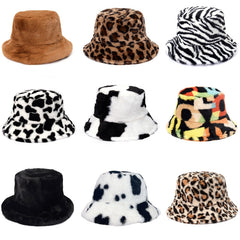 Aveuri Winter Cow Leopard Faux Fur Fluffy Bucket Hats Women Outdoor Warm Sun Hat Soft Velvet Furry Fisherman Cap Girl Fashion Panama