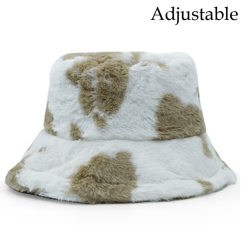 Aveuri Winter Cow Leopard Faux Fur Fluffy Bucket Hats Women Outdoor Warm Sun Hat Soft Velvet Furry Fisherman Cap Girl Fashion Panama