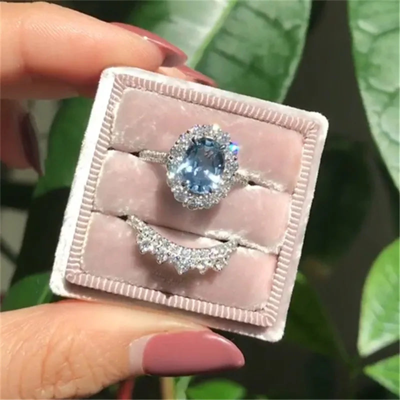 Aveuri-Christmas gifts idea Winter outfits Christmas outfits 2pcs/set Fashion Oval Cut Natural Blue Crystal Engagement Rings Set Women Wedding Band Party Jewelry Ring Anniversary Gift