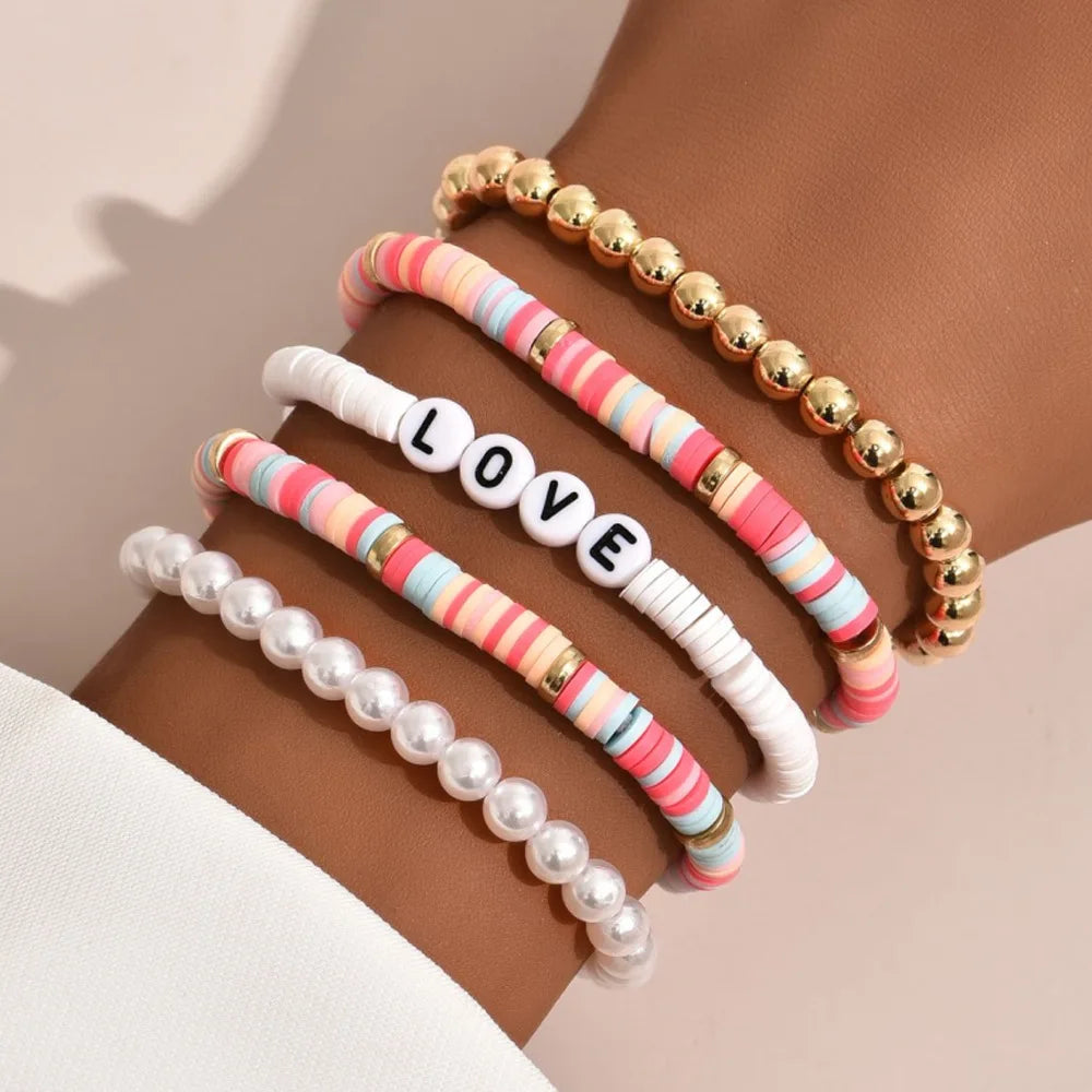 Aveuri-Christmas Gift New Year's Eve Gift Fashion Rainbow Stackable Bracelets Set For Women Heart Charm Soft Clay Pottery Layering Beads Chain Bangle Female Boho Jewelry