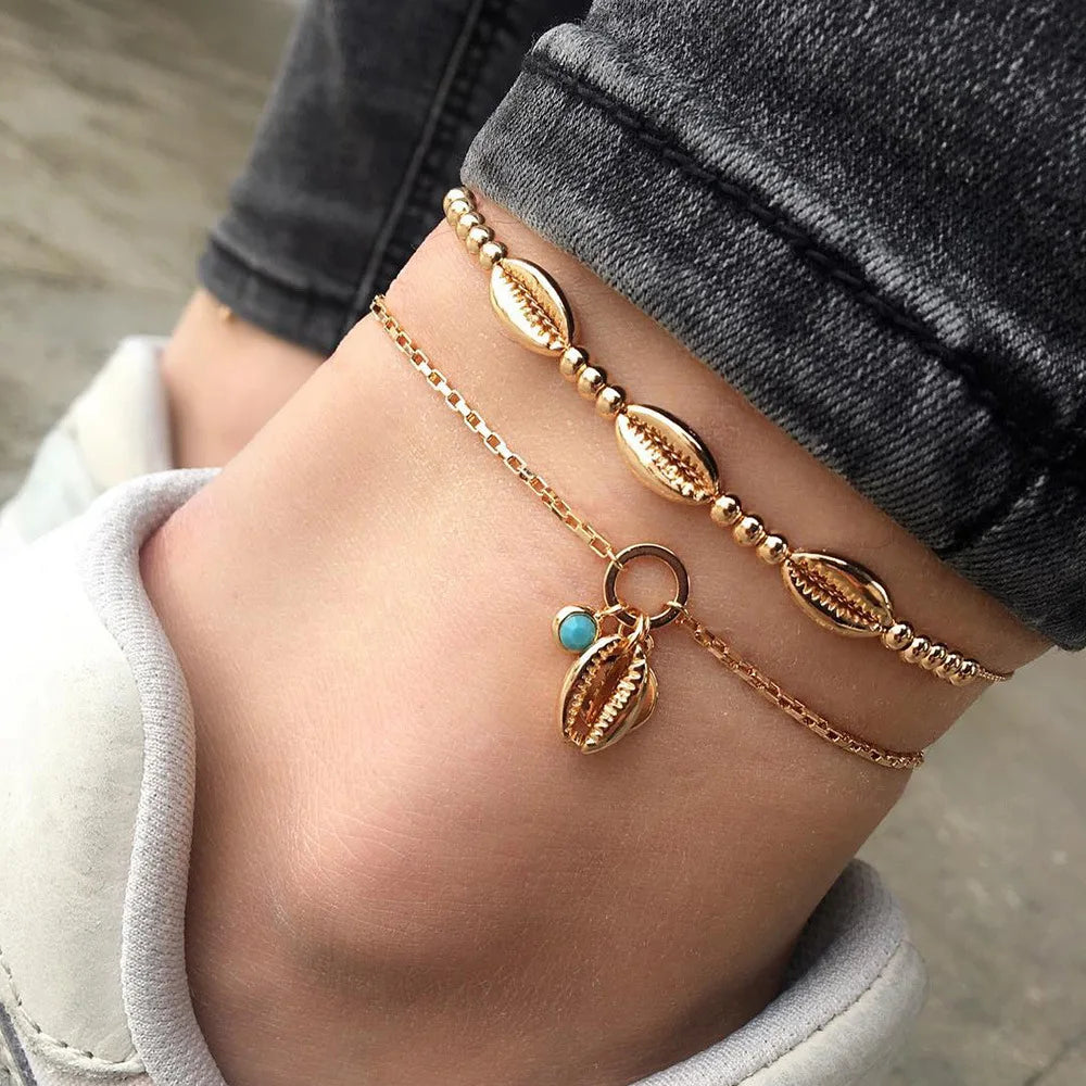 Aveuri-Christmas Gift New Year's Eve Gift Bohemia Shell Star Chain Ankle Bracelet On Leg Foot Jewelry Boho Starfish key butterfly Charm Anklet Set For Women Accessories