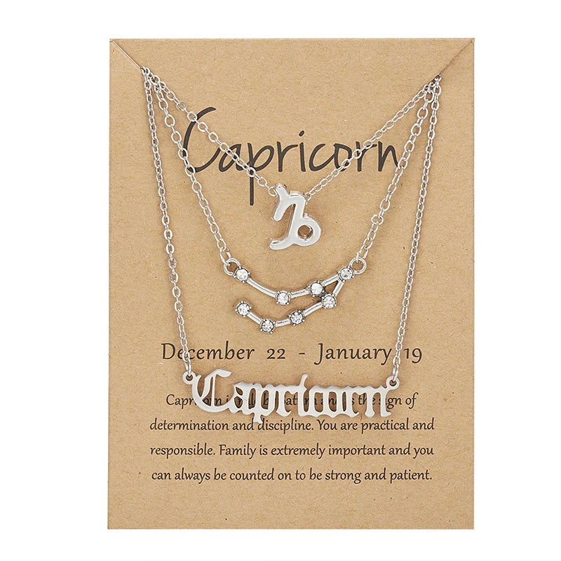 Aveuri-Christmas Gift New Year's Eve Gift 3Pcs/set 12 Zodiac Sign Necklace For Women 12 Constellation Pendant Chain Choker Birthday Jewelry With Cardboard Card