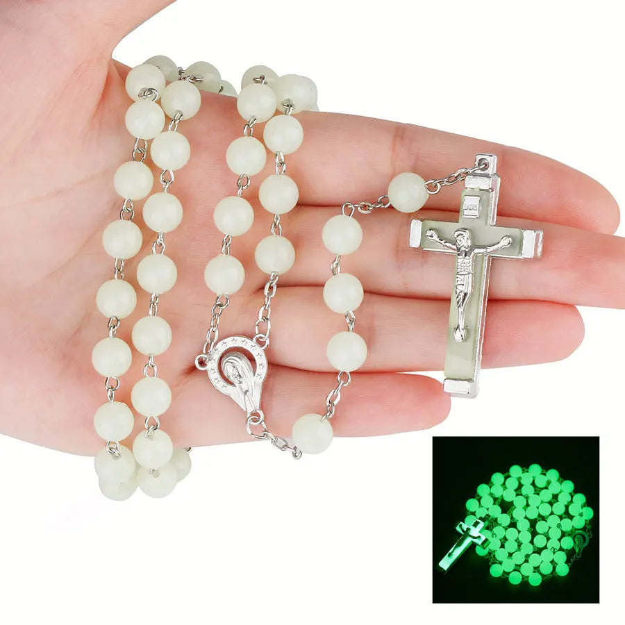 Aveuri-Christmas Gift New Year's Eve Gift 8MM Glow In The Dark Rosary Bead Chain Necklaces For Women INRI Crucifix Cross Pendant luminous Necklace Religious Jewelry