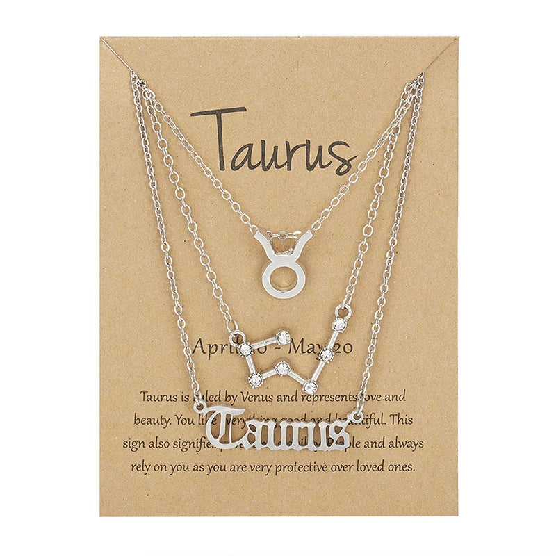 Aveuri-Christmas Gift New Year's Eve Gift 3Pcs/set 12 Zodiac Sign Necklace For Women 12 Constellation Pendant Chain Choker Birthday Jewelry With Cardboard Card