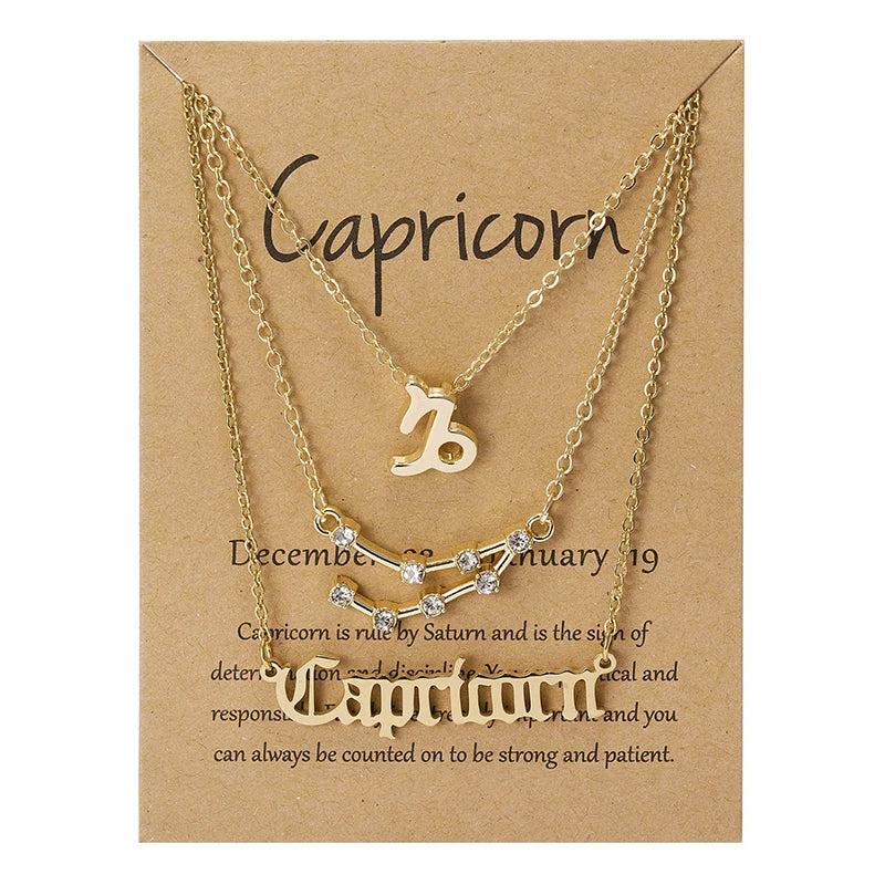 Aveuri-Christmas Gift New Year's Eve Gift 3Pcs/set 12 Zodiac Sign Necklace For Women 12 Constellation Pendant Chain Choker Birthday Jewelry With Cardboard Card