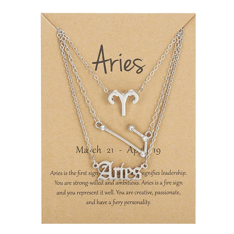 Aveuri-Christmas Gift New Year's Eve Gift 3Pcs/set 12 Zodiac Sign Necklace For Women 12 Constellation Pendant Chain Choker Birthday Jewelry With Cardboard Card