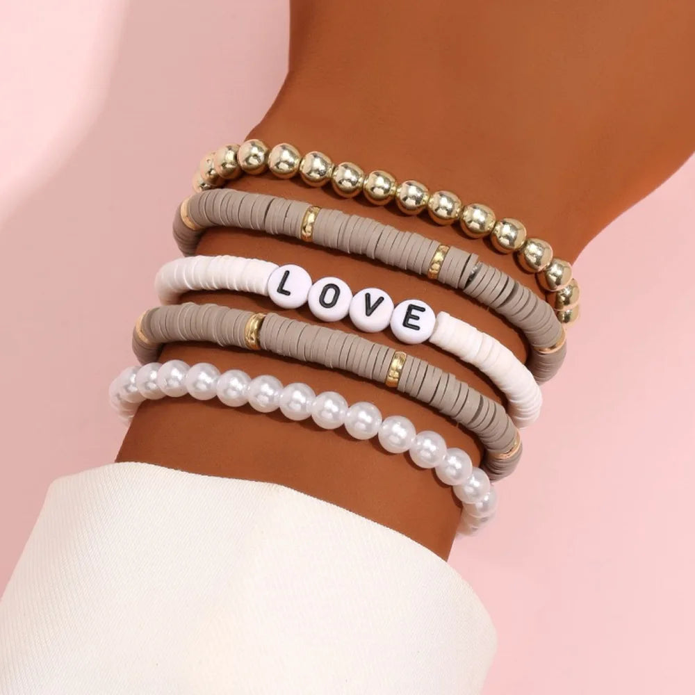 Aveuri-Christmas Gift New Year's Eve Gift Fashion Rainbow Stackable Bracelets Set For Women Heart Charm Soft Clay Pottery Layering Beads Chain Bangle Female Boho Jewelry