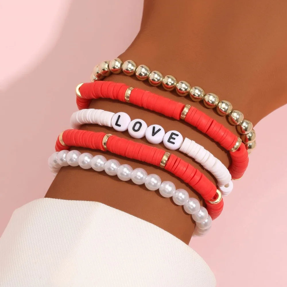 Aveuri-Christmas Gift New Year's Eve Gift Fashion Rainbow Stackable Bracelets Set For Women Heart Charm Soft Clay Pottery Layering Beads Chain Bangle Female Boho Jewelry