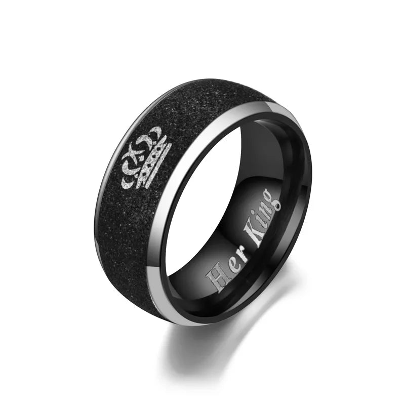 Aveuri-Christmas Gift New Year's Eve Gift Her King and His Queen Letter Couple Rings For Women Men Crown Black 8MM Stainless Steel Matte Ring Lovers Wedding Jewelry