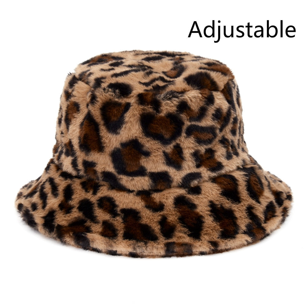 Aveuri Winter Cow Leopard Faux Fur Fluffy Bucket Hats Women Outdoor Warm Sun Hat Soft Velvet Furry Fisherman Cap Girl Fashion Panama