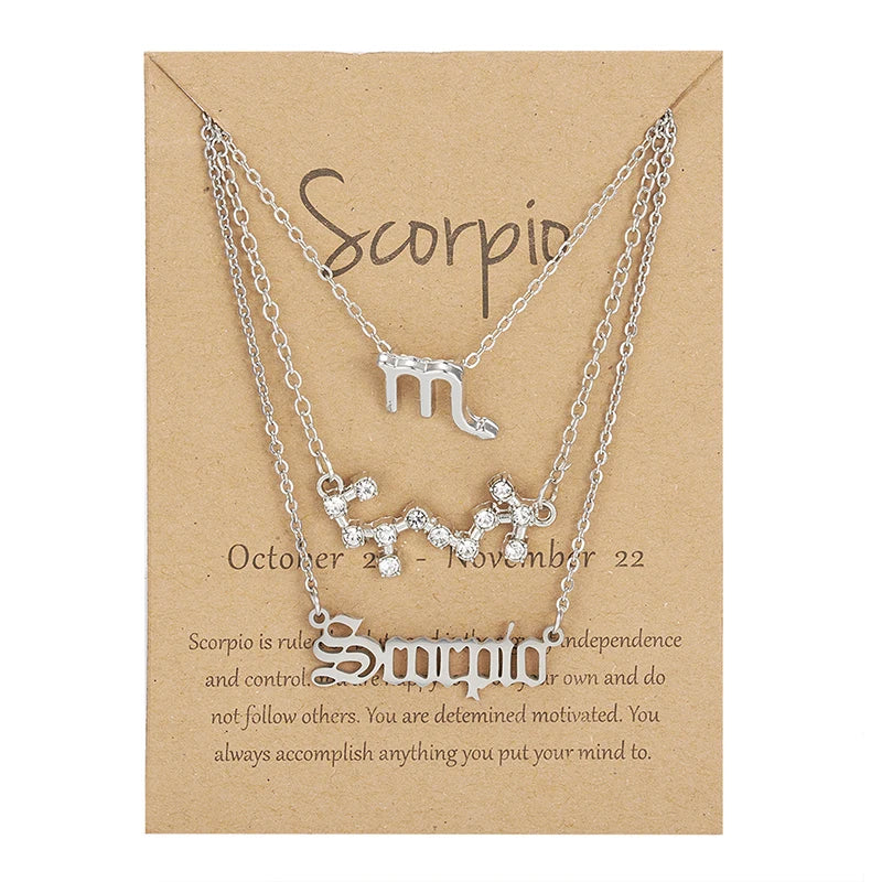 Aveuri-Christmas Gift New Year's Eve Gift 3Pcs/set 12 Zodiac Sign Necklace For Women 12 Constellation Pendant Chain Choker Birthday Jewelry With Cardboard Card