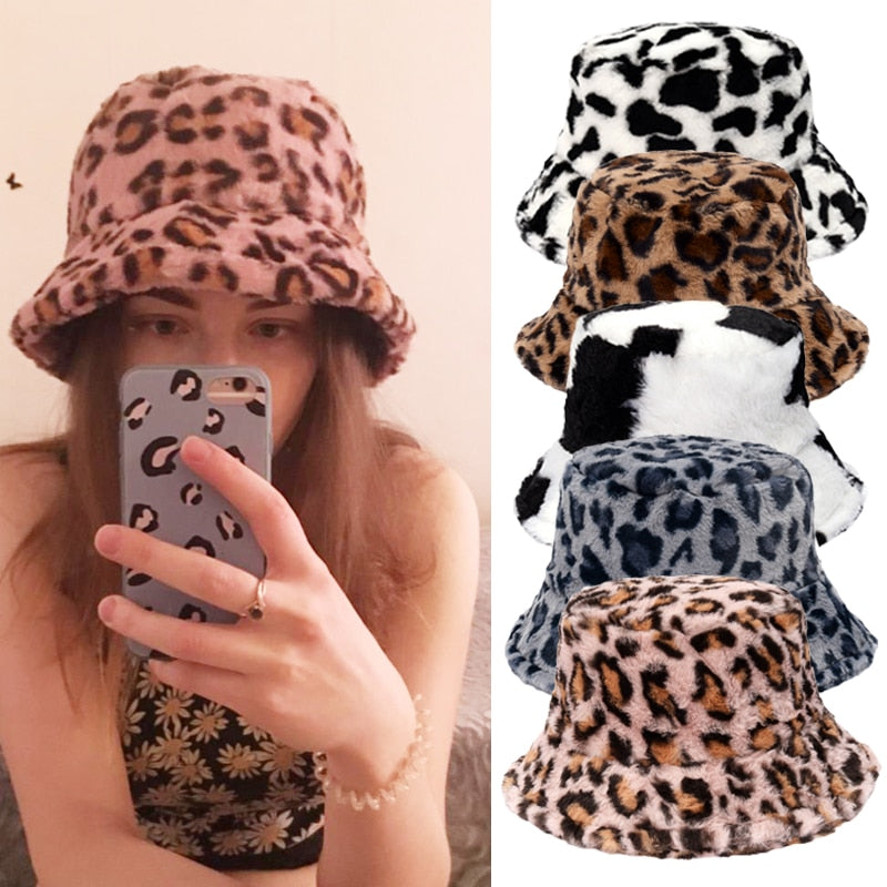 Aveuri Winter Cow Leopard Faux Fur Fluffy Bucket Hats Women Outdoor Warm Sun Hat Soft Velvet Furry Fisherman Cap Girl Fashion Panama