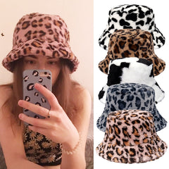 Aveuri Winter Cow Leopard Faux Fur Fluffy Bucket Hats Women Outdoor Warm Sun Hat Soft Velvet Furry Fisherman Cap Girl Fashion Panama