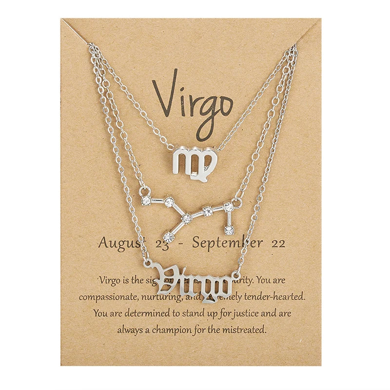 Aveuri-Christmas Gift New Year's Eve Gift 3Pcs/set 12 Zodiac Sign Necklace For Women 12 Constellation Pendant Chain Choker Birthday Jewelry With Cardboard Card