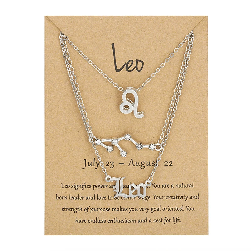 Aveuri-Christmas Gift New Year's Eve Gift 3Pcs/set 12 Zodiac Sign Necklace For Women 12 Constellation Pendant Chain Choker Birthday Jewelry With Cardboard Card